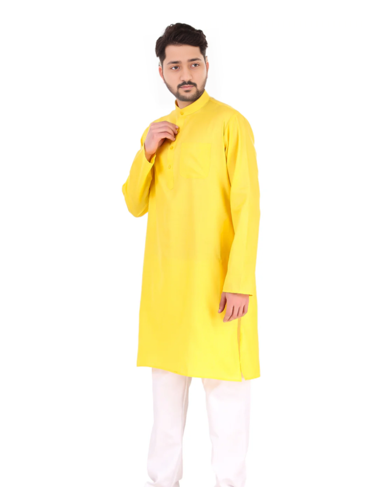 Men's Cotton  Yellow  Kurta and Off White Pyjama Set