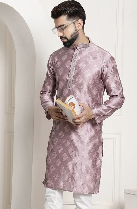 Men’s Pink Diamond Jacquard Kurta and Pyjama