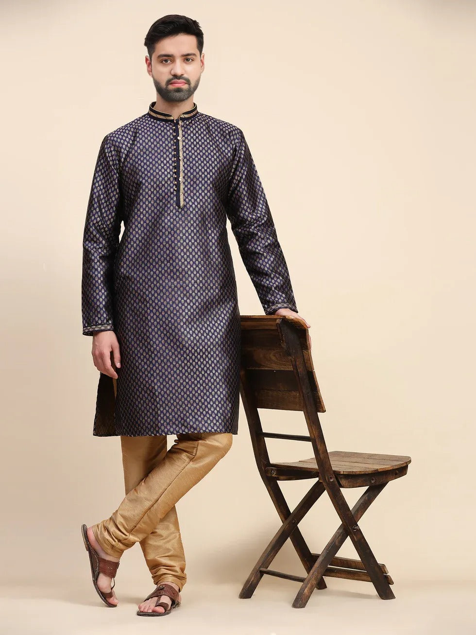 Men's Silk Blend Dark Navy Printed Kurta and Golden Pyjama Set