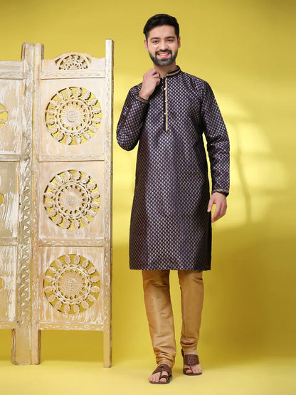 Men's Silk Blend Dark Navy Printed Kurta and Golden Pyjama Set