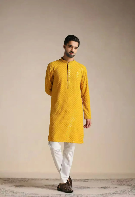 Rayon Yellow Chikankari Kurta Set