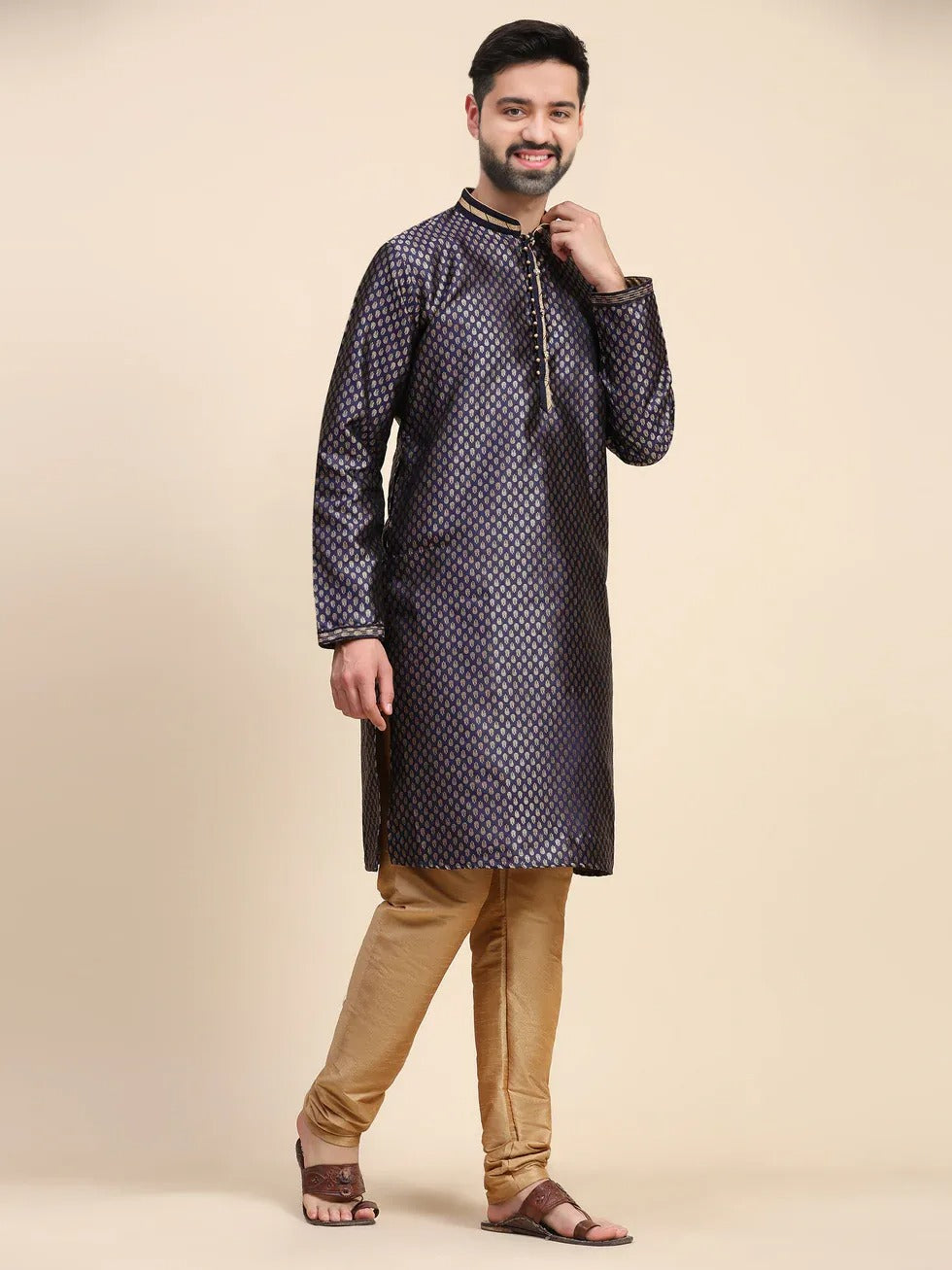 Men's Silk Blend Dark Navy Printed Kurta and Golden Pyjama Set