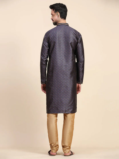 Men's Silk Blend Dark Navy Printed Kurta and Golden Pyjama Set